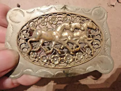 9P-vintage BRASS Belt Buckle- 3 Running Horses- Nickel Silver • $6