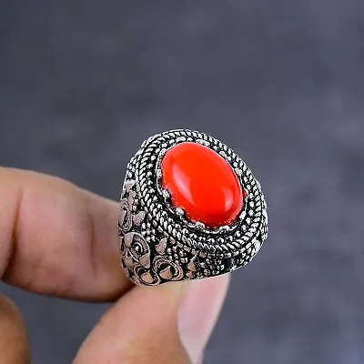 Natural Red Coral Gemstone Handmade 925 Sterling Silver Gift Ring Size 10 S958 • $9.99