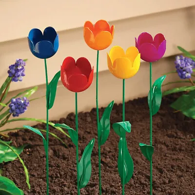 Set Of 5 Colorful Spring Tulip Metal Garden Stakes Outdoor Flower Yard Art Decor • $26.98