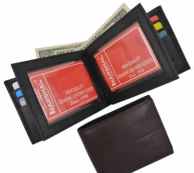 Genuine Leather Mens Bifold 2 ID's Multi Card Double Flap Popular Wallet Black • $10.99