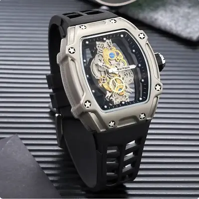 Mens Watches Stainless Steel Automatuc Skeleton Watch For Men Barrel Watch Men's • £39.99