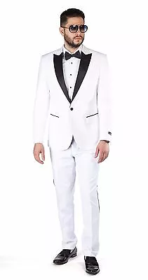 White Slim Fit 1 Button Peak Lapel  Tuxedo Satin Collar Flat Front Pants By AZAR • $89