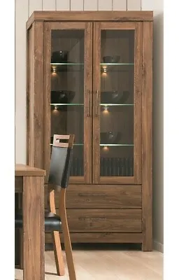 Glass Door Display Cabinet Tall Wide 98cm Soft Close LEDs Medium Oak Effect Gent • £644.95