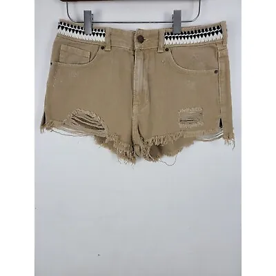 P.S. Erin Wasson Tan Shorts 28 Womens High Rise Raw Hem Embroidered Distressed • $17.78