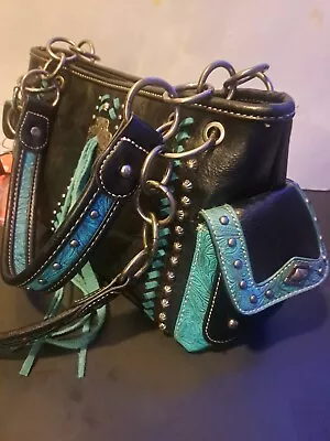 Montana West Black & Turquoise Leather Double Handle Studded Purse - NEW • $75
