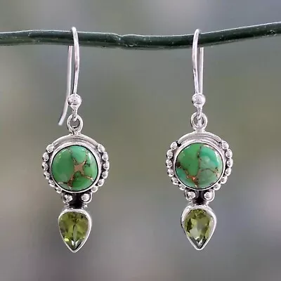 Silver Drop Earring-Silver Turquoise Green Marbled & Peridot Dangle Earring • £13.99