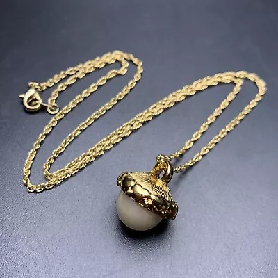 Faux Pearl Acorn Pendant Necklace Gold Tone Fall Autumn Vintage • $16.96