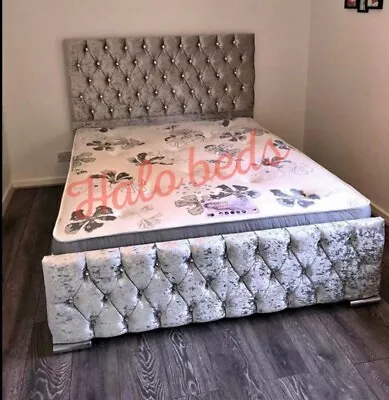 £239.99 • Buy NEW Silver Crushed Velvet Chesterfield Diamante Bed Fame And Mattress