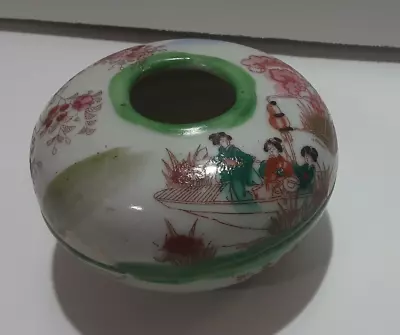 Vintage Hair Receiver Asian Porcelain Dresser Vanity Jar Hand Painted Green Vtg • $17.99