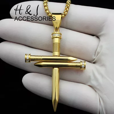 18-36 MEN Stainless Steel 3mm Gold Plated Box Chain CZ Nail Cross Pendant*GP104 • $21.99