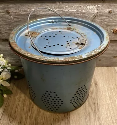 Vintage Minnow Bucket Insert Fishing Metal Pail Handle & Lid Blue Star Holes • $24.99