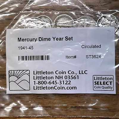 1941 - 1945 Mercury Dime Year Set - 5 90% Silver Dimes In Sealed Package • $19.99