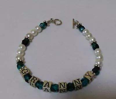 Vintage Granny Faux Pearl And Teal Green Faceted Crystal Bracelet • $15