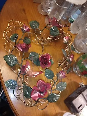 Vintage Handmade Bent Metal Wire Heart Shaped Wreath W/ Roses & Butterflies • $50