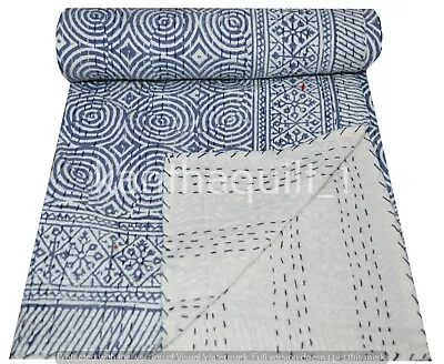 £33.59 • Buy Indian Kantha Quilt Throw Blue Bedspread Double Size Hand Block Print Cotton