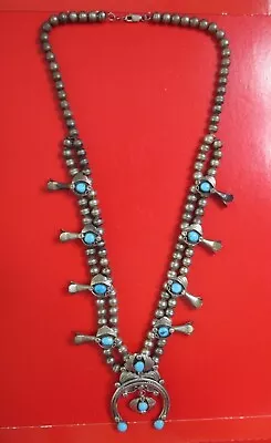 Vintage Sterling M Payton Sleeping Beauty Turquoise Squash Blossom Necklace • $1250