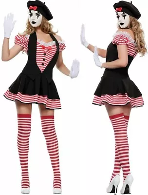 Adult Mime Artist Costume 80s French Circus Clown Fancy Dress Ladies Mime Outfit • £16.99