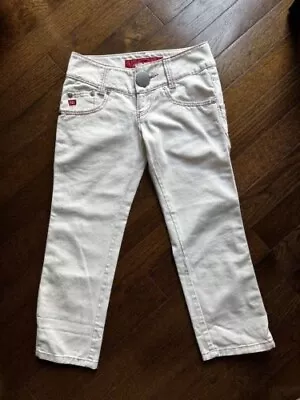 MISS SIXTY OFF WHITE W PINK THREAD LOW RISE CAPRI 5 POCKET JEANS ITALY 27 EUC • $25