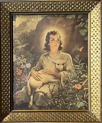 Vintage Picture Young Jesus Holding A Lamb Framed To 10x10 In Beautiful Gold Col • $36