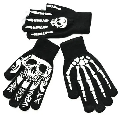Halloween Unisex Knitted Mittens Skeleton Skull Full Finger Warm Gloves Luminous • £4.87