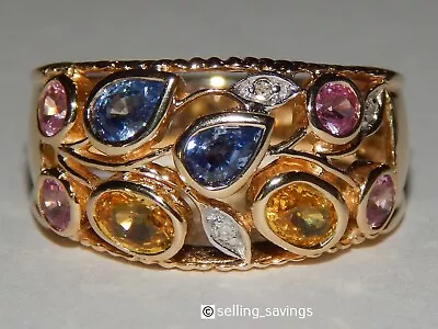 14k Yellow Gold  1.70 Tcw Multi Color Sapphire Diamond Wide Face Bezel Band Ring • $895