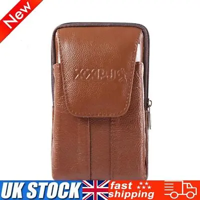 Men Cowhide Leather Fanny Waist Bag Solid Phone Purse Belt Pouch (Brown) • £6.29