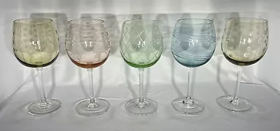 5)Vintage MIKASA Colorful CRYSTAL CHEERS BALLOON WINE GLASSES Etched Rare Find🍷 • $58.95