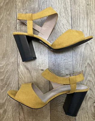 New Look Mustard Yellow Suede Open Toe Ankle Strap Block Heel Sandals UK7 Wide • £19.99