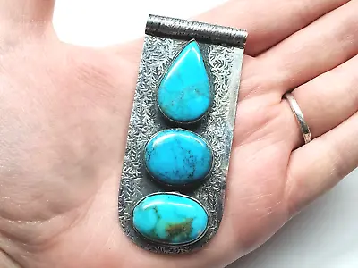 Vintage Modernist Large Turquoise Filigree Sterling Silver 925 Pendant Jewelry  • $89.99
