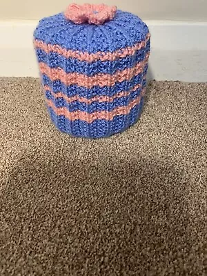 £6.50 • Buy Hand Knitted Toilet Roll Cover Spare Toilet Roll Holder Blue And Pink