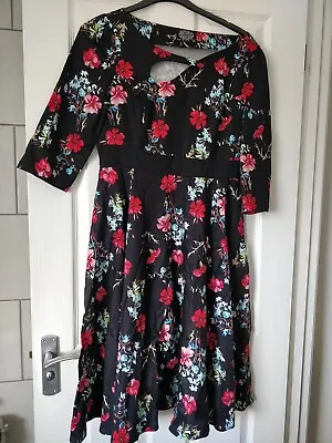 Hearts And Roses London H&R Size 16 Vintage Retro Floral Dress Black Swing 50s • $32.82