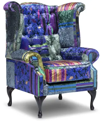 FAST DELIVERY Chesterfield Highback Queen Anne Chair Patchwork Velvet • £549.99