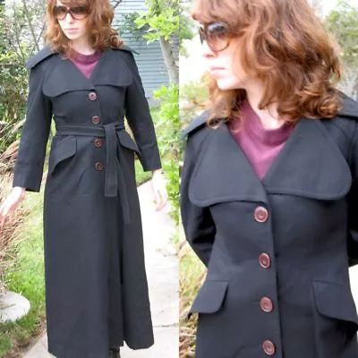 Vtg 70s Russian Spy Avengers Full Length Coat Black Wool Big Lapel Body Con XS • $199
