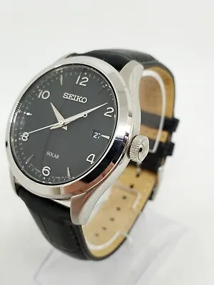 Seiko SNE495 Men's 42mm Solar S/Steel Black Leather Strap Date Watch NWOT • $119