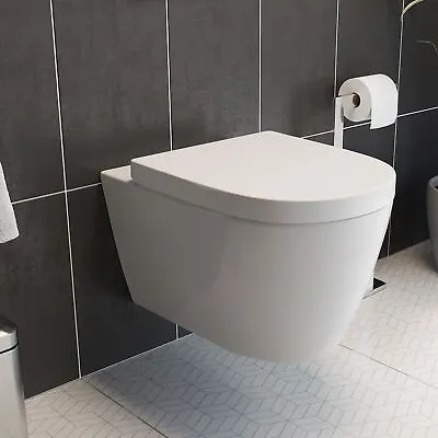 Wall Hung Toilet Designer Bathroom Modern Pan Round WC Soft Close Seat White • £121.47