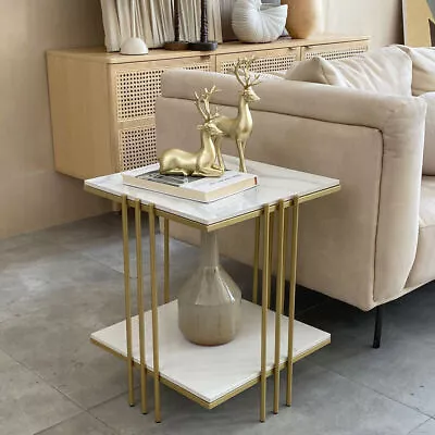 Decorative Art Coffee Table Large Double Layer Marble Top Storage Gold Pole Legs • £59.93