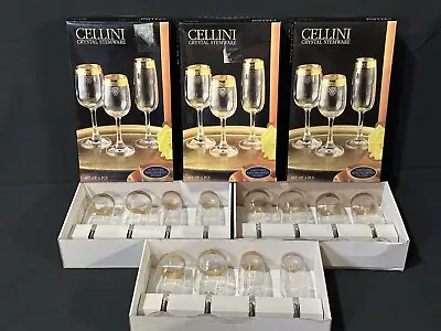 Vintage CELLINI Italy Crystal Stemware Set Of 4-24KT Gold Trim Wine Water W Box • $19.25