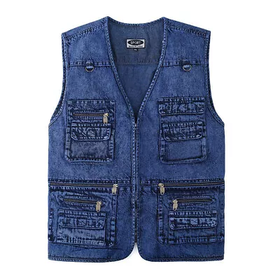 Mens Multi Pocket Denim Vest Sleeveless Trucker Biker Jeans Waistcoat Gilet UK • £13.68