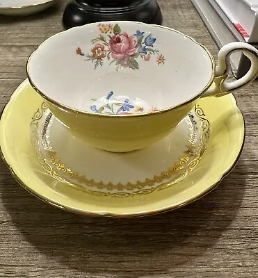 Vintage Royal Grafton Tea Cup And Saucer Bone China Yellow With Pink Flower Rare • $18.40