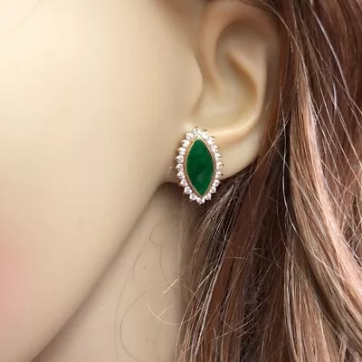 Marquise Shaped Green CZ Jade Stud Earrings - 14K Solid Yellow Gold - E30 • $791.20