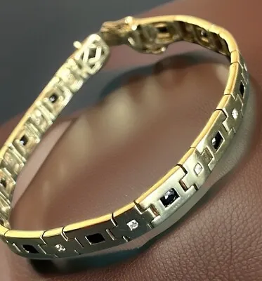 Sapphire Diamond Bracelet In 9ct Yellow Gold Link Chain Chunky 20g Vintage Heavy • £1699