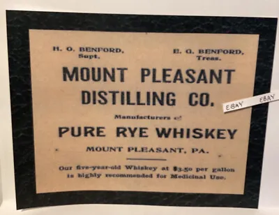 Early Mount Pleasant Distilling Co. Pa Pure Rye Whiskey $3.50 Pre-prohibition Ad • $12.95