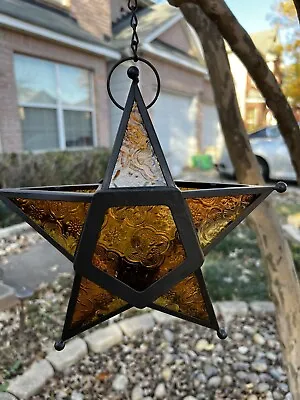 Gold Hanging Star Candle Tea Light Lantern Outdoor Patio Decor Glass & Metal • $25