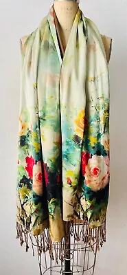 New Surria Silk Multi Color Floral Rose Print Long Fringe Scarf • $19.99