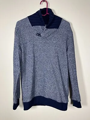 Zara Mens Knit Cotton LS Shawl Collar Heather Navy Blue Sweater Medium • $12.75