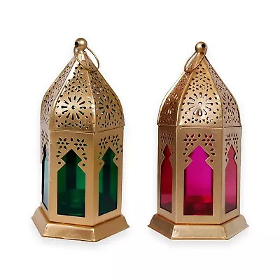 Morrocan Iron Lantern Tealight Candle Holder With Pink & Green Glass For Decor • $35.28