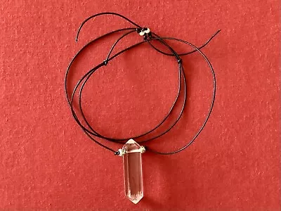 Quartz Crystal Point Pendant With Black Leather Cord Adorned With S.S. Beads. • $18