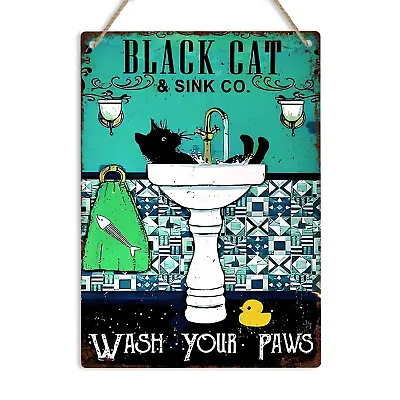 Black Cat Wash Your Paws Retro Bathroom Metal Sign Vintage Cat Lover Plaque Gift • £6.49