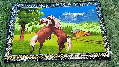 $45 • Buy Vtg Tapestry Fighting Horses Rug Wall Hanging Large 57” X 38” Cotton Printed