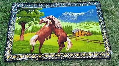 Vtg Tapestry Fighting Horses Rug Wall Hanging Large 57” X 38” Cotton Printed • $45